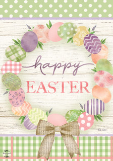 Briarwood Lane Easter Egg Wreath with patterned eggs in polka dots and checkers on wooden background.