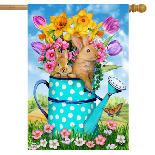 Briarwood Lane Bunny And Watering Can Spring House Flag with colorful bunnies and flowers displayed.