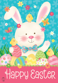 Briarwood Lane Easter Bunny And Chicks flag with colorful eggs, flowers, and chicks on spring background.