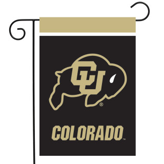 Briarwood Lane Colorado University NCAA Garden Flag with gold buffalo and text on black background.