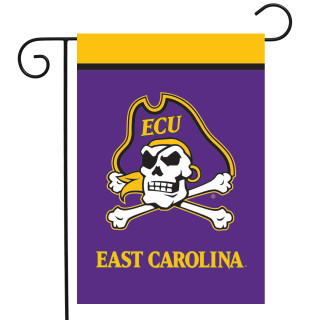 Briarwood Lane East Carolina University NCAA garden flag with purple, gold, and white pirate skull design.