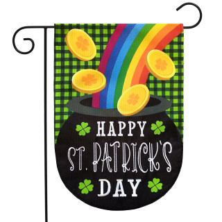 Briarwood Lane Lucky Pot St. Patrick's Day burlap garden flag with colorful shamrock and rainbow design.
