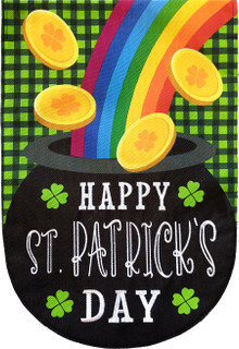 Briarwood Lane Lucky Pot St. Patty's Day burlap garden flag with gold coins and shamrock design.