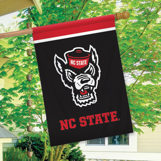 Briarwood Lane NC State University NCAA house flag with wolf logo and red accents displayed outdoors.