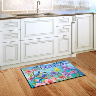 Briarwood Lane With God doormat with colorful floral design and birds on kitchen floor.
