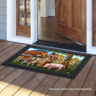 Briarwood Lane farm doormat with colorful animals, sunflowers, and floral design on a porch floor.