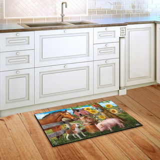 Briarwood Lane Making Friends Farm Animals doormat with colorful farm animals and sunflowers design on kitchen floor.