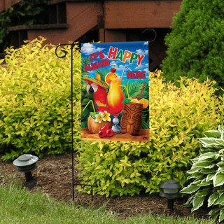 Briarwood Lane Always Happy Here colorful tropical garden flag with parrot and happy hour drinks.