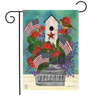 Briarwood Lane All American Birdhouse Floral Garden Flag with patriotic flowers and USA flags stitched.