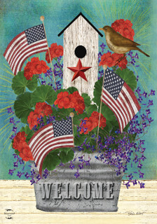 Briarwood Lane All American Birdhouse Floral Garden Flag with patriotic flowers and American flags.