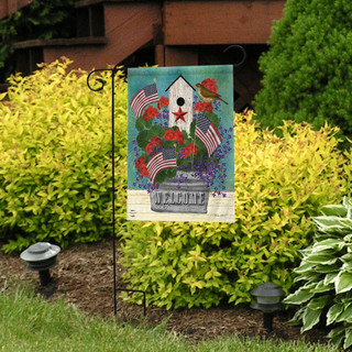 Briarwood Lane All American Birdhouse Floral Garden Flag with patriotic flowers and stars and stripes design.