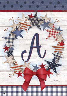 Briarwood Lane American Wreath Monogram A, colorful, monogrammed, patriotic garden flag with red, white, blue stars.