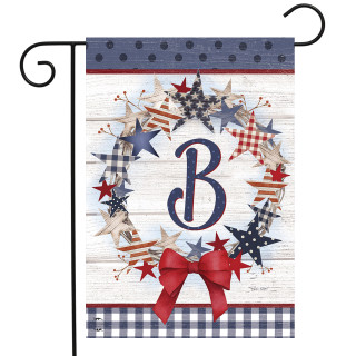 Briarwood Lane American Wreath Monogram B Garden Flag, red, white, and blue stars and stripes design.
