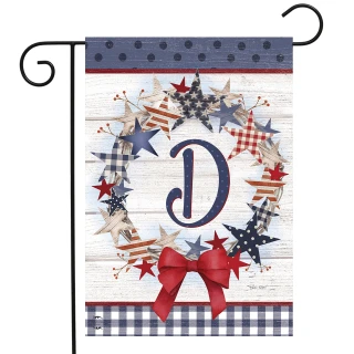 Briarwood Lane American Wreath Monogram D garden flag, red, white, blue stars and stripes decorative.