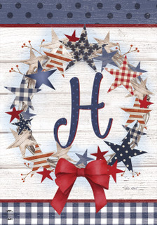 Briarwood Lane American Wreath Monogram H Garden Flag with red, white, and blue stars and stripes.