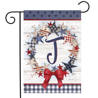Briarwood Lane American Wreath Monogram J garden flag, colorful, patriotic, monogrammed decorative flag with stars.