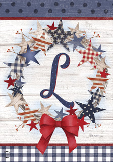 Briarwood Lane American Wreath Monogram L Garden Flag with red bow and stars and stripes pattern.