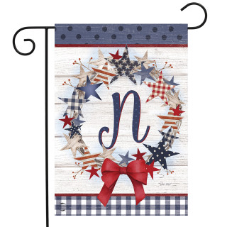 Briarwood Lane American Wreath Monogram N Garden Flag with red bow and patriotic stars and stripes.