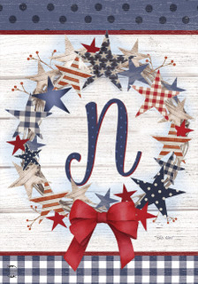 Briarwood Lane American Wreath Monogram Garden Flag with red, white, and blue stars and letter N.
