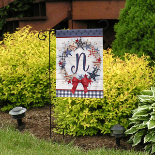 Briarwood Lane American Wreath Monogram N Garden Flag, small, printed, decorative, colorful, patriotic, red, white, blue.
