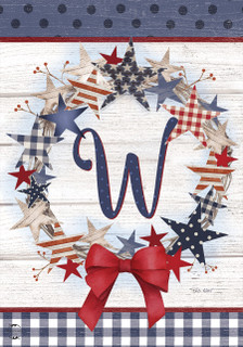 Briarwood Lane American Wreath Monogram W Garden Flag with stars, stripes, and red bow decoration.