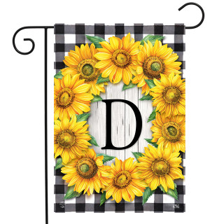 Briarwood Lane small, printed, monogrammed garden flag with colorful sunflowers and black letter D decoration.