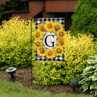 Briarwood Lane small monogrammed garden flag with colorful sunflowers on a black and white background.