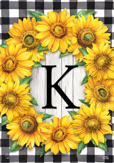 Briarwood Lane Sunflowers Monogram K Garden Flag with colorful floral printed decorative design for spring display.