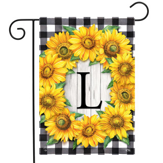 Briarwood Lane Sunflowers Monogram L garden flag with colorful floral print on black and white background.