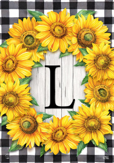 Briarwood Lane Sunflowers Monogram L Garden Flag with bright yellow sunflowers and monogrammed letter on wood.
