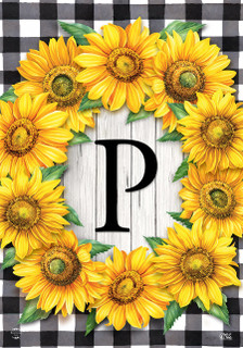 Briarwood Lane Sunflowers Monogram P Garden Flag, colorful floral printed decorative seasonal display for spring.