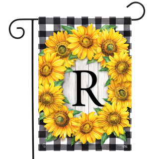 Briarwood Lane Sunflowers Monogram R Garden Flag with colorful floral design and black and white trim.
