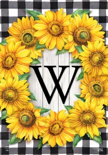 Briarwood Lane Sunflowers Monogram W Garden Flag, colorful floral printed decorative flag with cheery sunflowers.