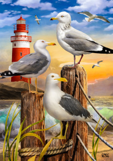 Briarwood Lane Seagulls Summer House Flag with nautical lighthouse and birds on colorful coastal design.