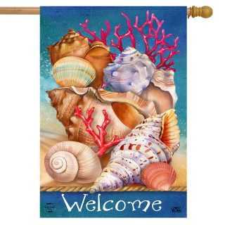 Briarwood Lane seashell welcome flag with colorful oceanic design for spring summer porch display.
