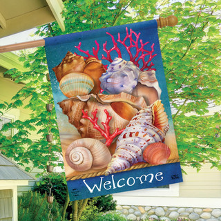 Briarwood Lane Seashell Welcome flag with colorful seashells and coral, perfect for spring summer porch decor.