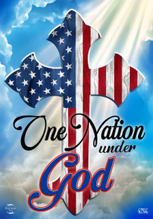 Briarwood Lane One Nation Under God Cross House Flag with American stars and stripes design.