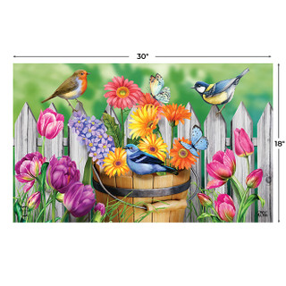 Briarwood Lane Birds and Blooms Doormat with colorful flowers, birds, and butterflies on wooden fence background.