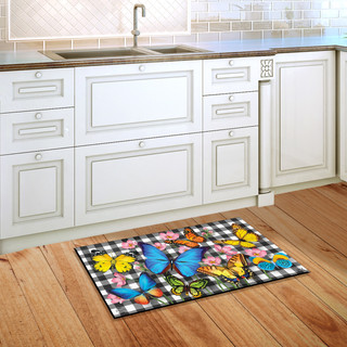 Briarwood Lane Checkered Butterflies Spring Doormat with colorful butterflies and flowers on a plaid background.