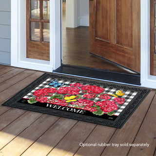 Briarwood Lane Checkered Geraniums Summer Doormat with butterflies and welcome message on a porch floor.