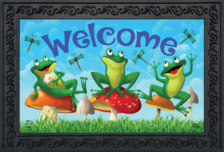 Briarwood Lane Happy Frogs Summer Doormat with colorful frogs, mushrooms, and dragonflies on a decorative mat.