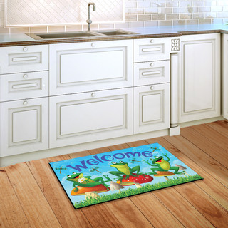 Briarwood Lane Happy Frogs Summer Doormat with colorful frogs, mushrooms, and dragonflies on kitchen floor.
