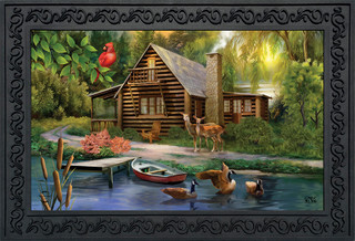 Briarwood Lane Lakeside Cabin Summer Doormat with colorful deer, ducks, and cabin scene outdoor decor.