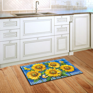 Briarwood Lane Blue Sunflowers Summer Doormat with butterflies on a plaid background indoor outdoor colorful floormat.