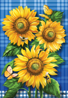 Briarwood Lane blue sunflowers house flag with butterflies on plaid background, colorful spring decor display.