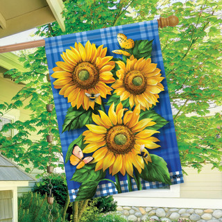 Briarwood Lane blue plaid house flag with bright yellow sunflowers, butterflies, and floral spring design.