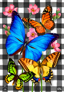 Briarwood Lane Checkered Butterflies Spring House Flag with colorful butterflies and floral design on plaid background.