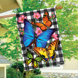 Briarwood Lane checkered spring house flag with colorful butterflies and floral design on black and white plaid.