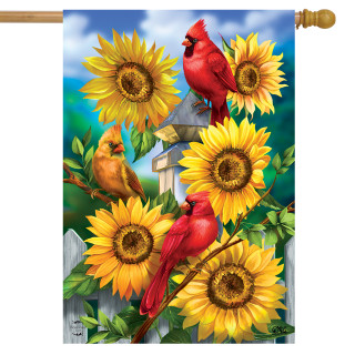 Briarwood Lane garden flag with cardinals, sunflowers, and picket fence, colorful spring and summer decorative display.