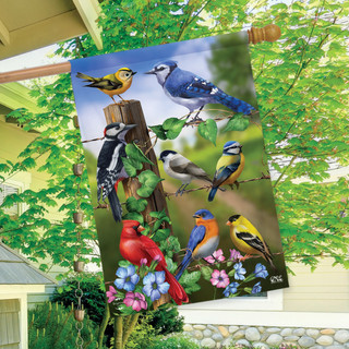 Briarwood Lane spring house flag with colorful birds, flowers, and tree on a decorative printed fabric.
